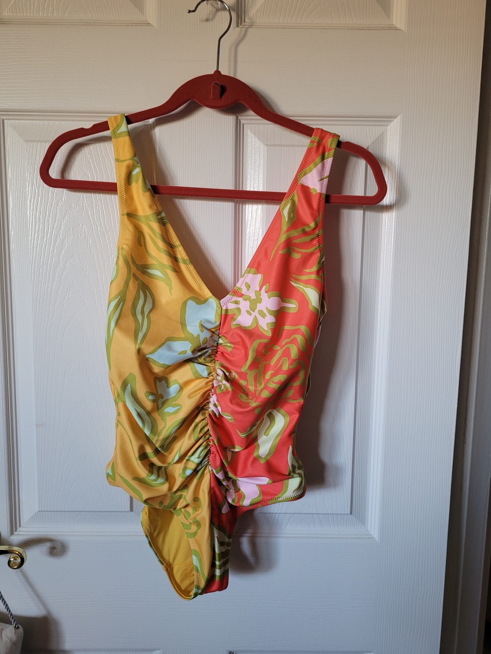 SOLID & STRIPED Yellow and Coral Floral Ruched One-Piece Swimsuit